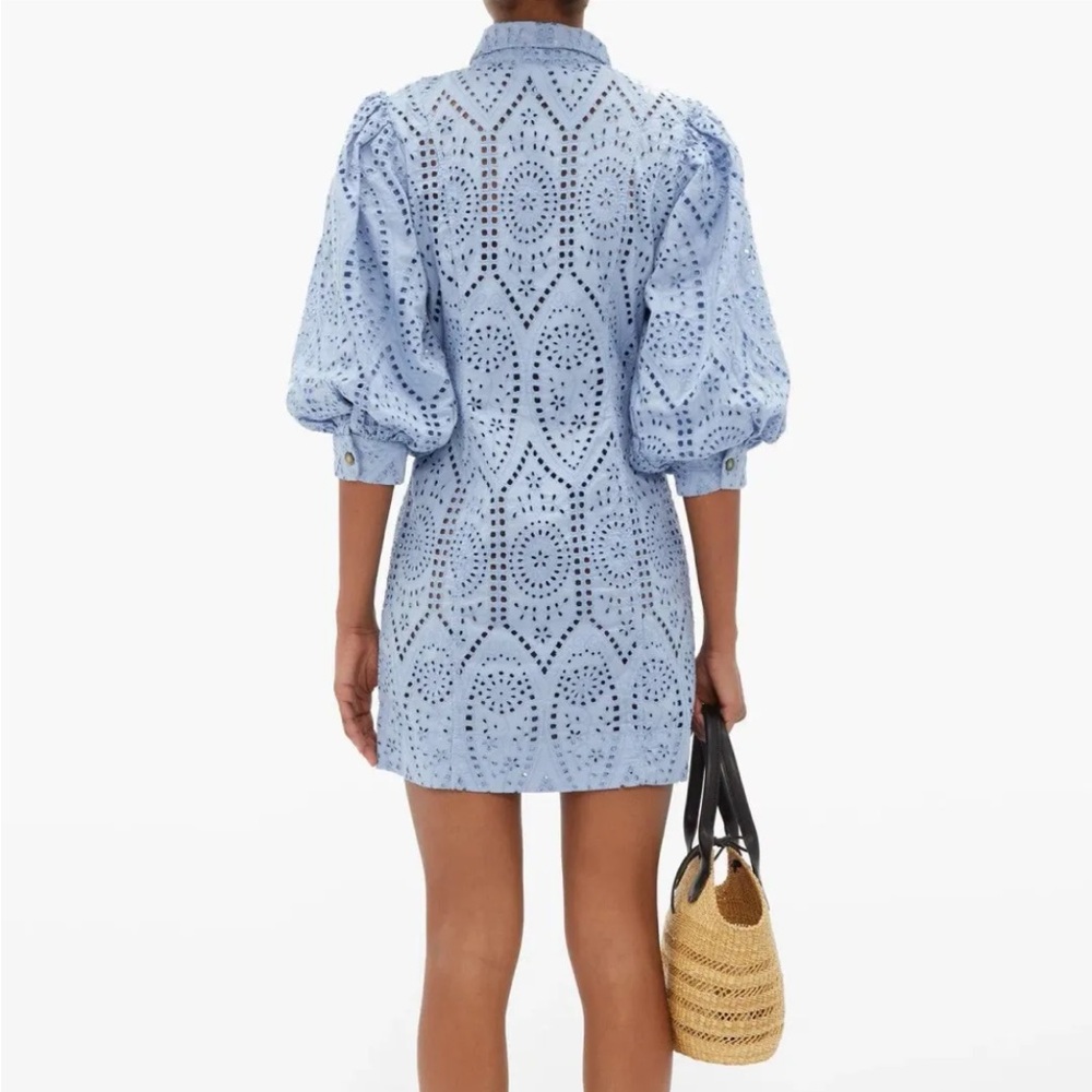 Ganni Women’s Blue Balloon-Sleeve Broderie Anglaise Mini Shirt Dress 100% Cotton - Picture 11 of 16